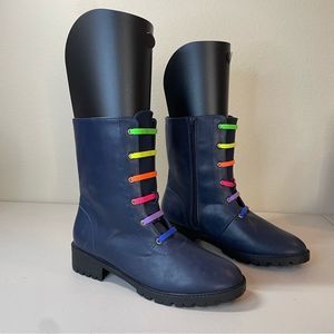 Charming Lady Women’s Blue Block heel combat boots zip  with no Tie laces size 8